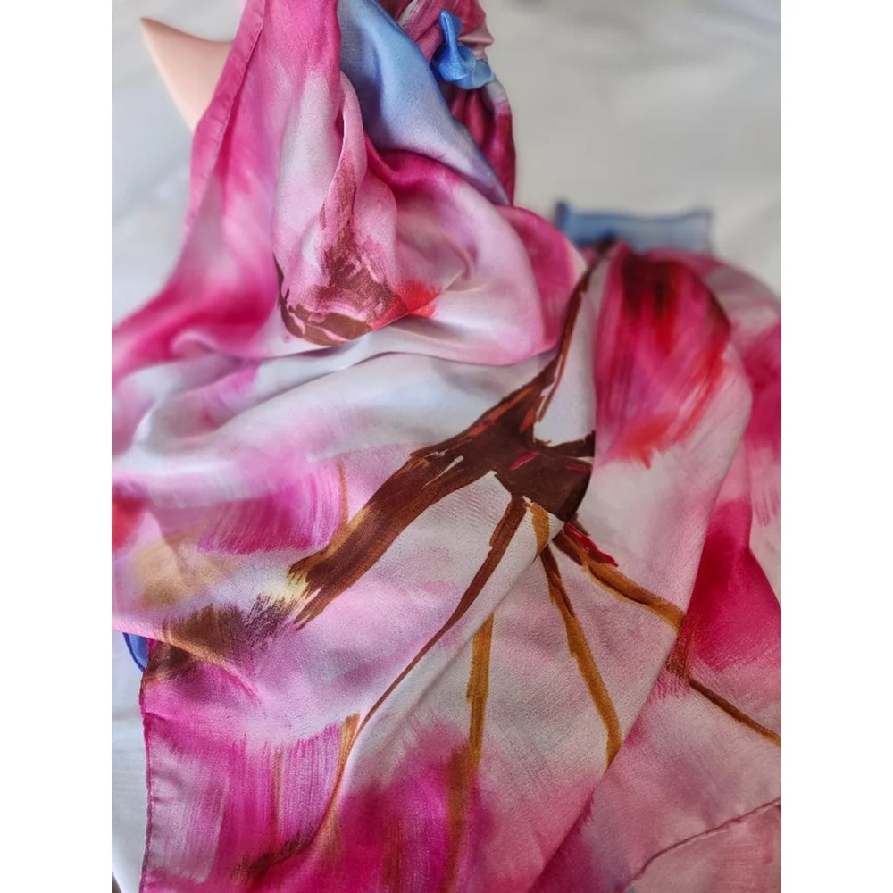 Floral Silk Blend Scarf One Size Blue Pink